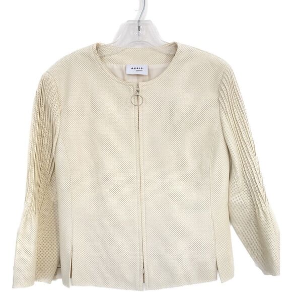 Akris Punto Perforated 100% Lambskin Full Zip Vanilla/ Ivory Jacket Sz 6 - Picture 1 of 16
